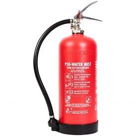 Front view of a red water mist fire extinguisher