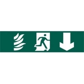Fire Exit Sign with Man Running From Flame and Down Arrow