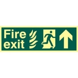 Fire Exit Sign with Man Running from Flames Right and Arrow Up